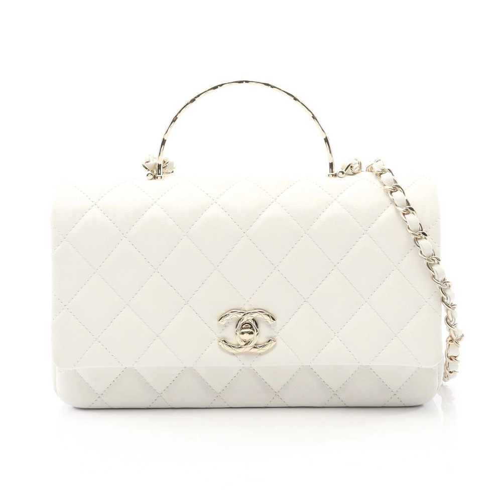Chanel Matelasse Top Handle Shoulder Bag Caviar Leather Grained Calfskin White